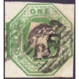 GREAT BRITAIN STAMPS : 1847 1/- Green Embossed 4 margin example SG 55 good used