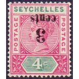 SEYCHELLES STAMPS : 1893 3c on 4c INVERTED surcharge.