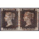 STAMPS : PENNY BLACK Plate 8 four margin pair lettered (CK-CL) cancelled by red MX's