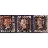 STAMPS : Three Penny Blacks stated to be plate, 1b, 2 and 4.