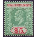 STAMPS : Straits Settlements 1906 $5 Green and Red mounted mint Multi Crown CA watermark.