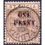 ST LUCIA STAMPS : 1891 1d on 4d Brown, DOUBLE OVERPRINT,