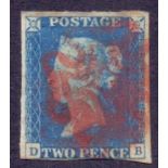 STAMPS : 1840 Two Penny Blue (DB) Plate 1 , three to four margin example with red MX,