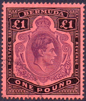 BERMUDA STAMPS : 1943 £1 Pale Purple and Black/ Pale Red. Perf 14.