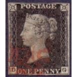 STAMPS : PENNY BLACK Plate 5 (DG), close four margin Black with a light red Maltese Cross.