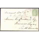 GREAT BRITAIN POSTAL HISTORY : 1856 1/- Pale Green on small envelope Colchester to Buenos Ayres 7th