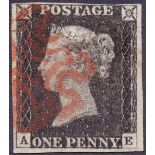 STAMPS : PENNY BLACK Unplated just four margin example letters AE close at top,