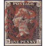 STAMPS : PENNY BLACK Plate 7 fine four margin example lettered (BL)