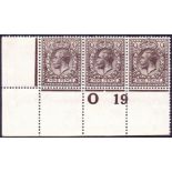 GREAT BRITAIN STAMPS : GEORGE V ROYAL CYPHER 1912 9d Agate O19 control strip of 3 ,