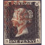 STAMPS : PENNY BLACK Unplated four margin lettered SA cancelled by red MX