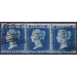 GREAT BRITAIN STAMPS : 1857 2d Blue plate 6 fine used strip of 3,