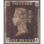 STAMPS : PENNY BLACK Plate 5 (OJ) four margin (close at top right but margin is there)