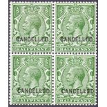 GREAT BRITAIN STAMPS : 1912 1/2d Green overprinted CANCELLED type 24.