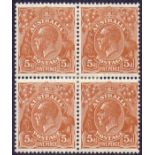 AUSTRALIA STAMPS : 1932 5d Orange Brown, fine mounted mint block of 4,