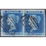 STAMPS : 1841 2d Deep Full Blue plate 4 very fine used four margin pair (EH-EI), numeral cancel.