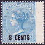 MAURITIUS STAMPS : 1878 8c Blue, new currency overprint.