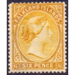 FALKLANDS STAMPS : 1891 6d Orange Yellow, wmk reversed.