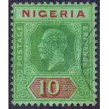 NIGERIA STAMPS : 1921 10/- Green red and green . Fine used die II .