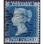 GREAT BRITAIN STAMPS : 1855 2d Blue plate 4 fine used SG 23