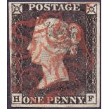 STAMPS : PENNY BLACK Plate 1a (HF) four margins (close at lower left) cancelled by red MX