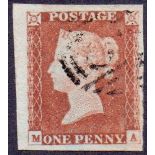 STAMPS : 1841 1d Red plate 65 fine used very large margins (MA)