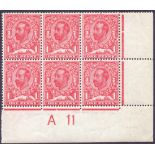 GREAT BRITAIN STAMPS : 1911 1d Carmine Die 1B A11 control block of 6 perf type 3,