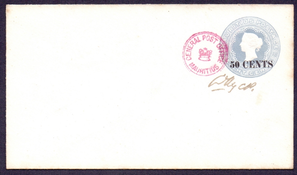 POSTAL HISTORY : Mauritius QV postal stationery envelope 50c on 8c Slate,