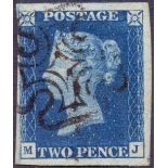 STAMPS : 1840 TWO PENNY BLUE : Plate 2 (MJ) fine used four margin cancelled by distinctive GREENOCK