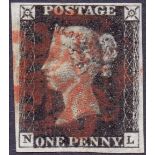 STAMPS : PENNY BLACK : Plate 5 (NL) Very fine four margin cancelled by red MX