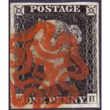 STAMPS : PENNY BLACK : Plate 1b (PH). Four clear margins, cancelled by vivid orange red MX.