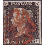 STAMPS : PENNY BLACK : Plate 7 (GH) very fine used four margins,