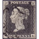 STAMPS : PENNY BLACK : Plate 1b (CA) four margin example cancelled by black MX