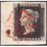 STAMPS : PENNY BLACK : Plate 6 (BK). Superb four margin tied to piece by blood red MX.