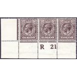 GREAT BRITAIN STAMPS : GV 1912 9d Agate R21 control strip of 3 mounted mint