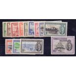 TURKS AD CAICOS STAMPS : 1950 unmounted mint set of 13 to 10/- SG 221-233