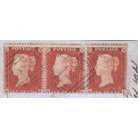 GREAT BRITAIN STAMPS : 1854 Strip of three Penny Reds on piece cancelled by the scarce Crimea OXO