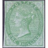 GREAT BRITAIN STAMPS : 1856 1/- Green on blue glazed paper, IMPRIMATUR.