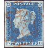 STAMPS : 1840 TWO PENNY BLUES : Plate 1 (SD). Very fine four margins cancelled by red MX.