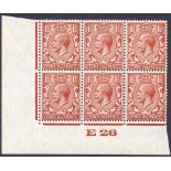 GREAT BRITAIN STAMPS : GV 1924 1 1/2d Red Brown E26 control block of six unmounted mint