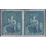 BARBADOS STAMPS : 1855 1d Deep Blue, lightly mounted mint pair, a few tone spots,