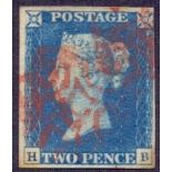 STAMPS : 1840 TWO PENNY BLUE : Plate 1 (HB) fine used four margins,