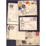 GREAT BRITAIN STAMPS POSTAL HISTORY : Group of three envelopes with rough pen & ink drawings,