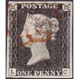 STAMPS : PENNY BLACK : Plate 2 (LC) very fine used four margins cancelled by red/brown MX