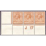 GREAT BRITAIN STAMPS : GV 1912 5d Brown lightly mounted mint J17 control strip of 3.