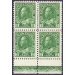 CANADA STAMPS : 1922 2c Green, lightly mounted mint marginal block of four.