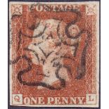 GREAT BRITAIN STAMPS : 1841 1d Red from Black Plate 9 good to fine used SG 7