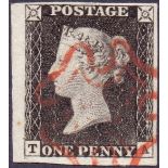 STAMPS : PENNY BLACK : Plate 1a (TA). Massive four margin example cancelled by red MX.