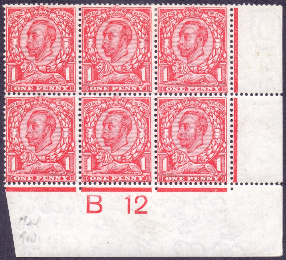 GREAT BRITAIN STAMPS : GV 1912 1d Scarlet lightly mounted mint B12 control block of six,