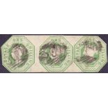 GREAT BRITAIN STAMPS : 1847 1/- Green Embossed strip of three,