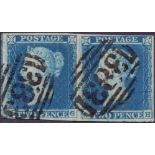 GREAT BRITAIN STAMPS : 1841 Two Penny Blue plate 4 (AG-AH) very fine four margin pair cancelled by